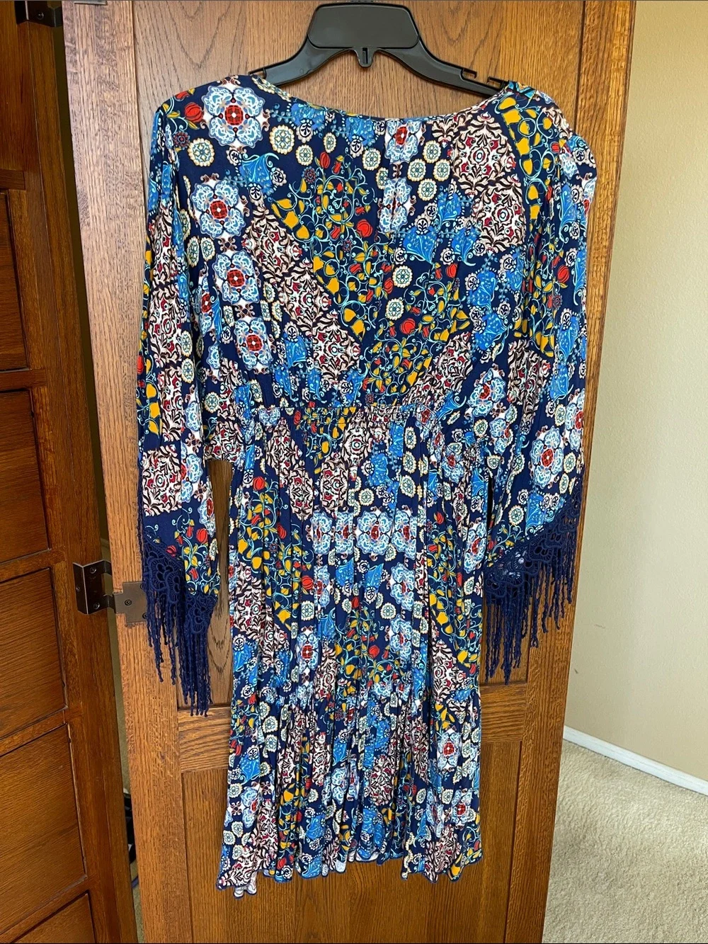 Free People Navy Multi Boho Fringe Tie-Shoulder Long Sleeve Dress